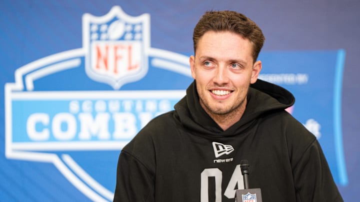 Feb 27, 2026; Indianapolis, IN, USA; Miami quarterback Carson Beck (QB04) speaks to members of the media during the NFL Combine at the Indiana Convention Center. Mandatory Credit: Jacob Musselman-Imagn Images