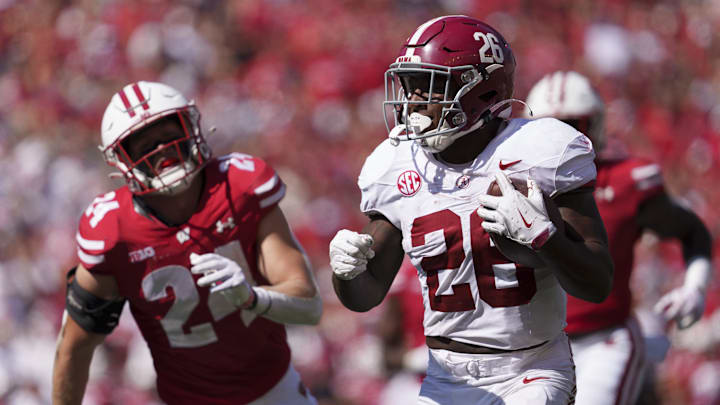 Sep 14, 2024; Madison, Wisconsin, USA; Alabama Crimson Tide running back Jam Miller (26) rushes for a touchdown during the third quarter against the Wisconsin Badgers at Camp Randall Stadium. Mandatory Credit: Jeff Hanisch-Imagn Images Sep 14, 2024; Madison, Wisconsin, USA; Alabama Crimson Tide running back Jam Miller (26) rushes for a touchdown during the third quarter against the Wisconsin Badgers at Camp Randall Stadium. Mandatory Credit: Jeff Hanisch-Imagn Images