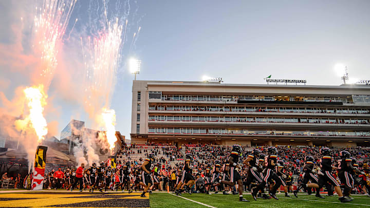 Sep 15, 2023; College Park, Maryland, USA; The Maryland Terrapins are introduced before the game between the Maryland Terrapins and the Virginia Cavaliers at SECU Stadium. Mandatory Credit: Reggie Hildred-Imagn Images