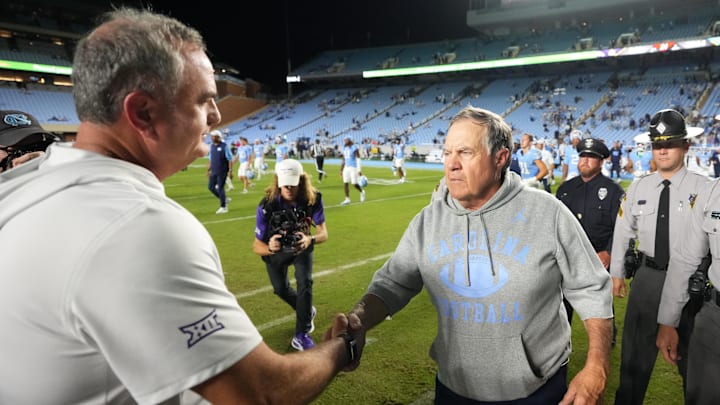 Sep 1, 2025; Chapel Hill, North Carolina, USA; North Carolina Tar Heels head coach Bill Belichick with TCU Horned Frogs head coach Sonny Dykes after the game at Kenan Stadium. Mandatory Credit: Bob Donnan-Imagn Images