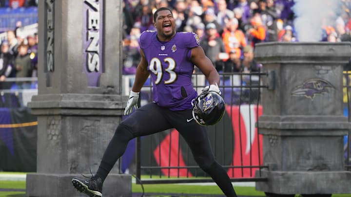 Dec 4, 2022; Baltimore, Maryland, USA; Baltimore Ravens defensive end Calais Campbell (93) enters the field prior to the game against the Denver Broncos at M&T Bank Stadium. Mandatory Credit: Mitch Stringer-Imagn Images