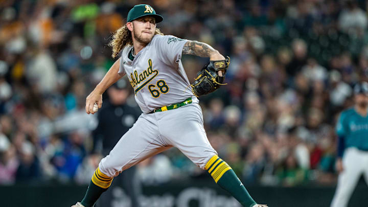 Sep 28, 2024; Seattle, Washington, USA;  Oakland Athletics starter Joey Estes (68) delivers a pitch against the Seattle Mariners at T-Mobile Park. Mandatory Credit: Stephen Brashear-Imagn Images