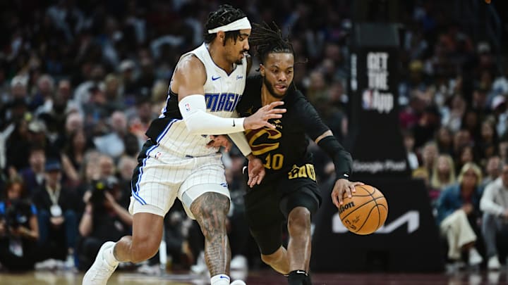 Apr 30, 2024; Cleveland, Ohio, USA; Orlando Magic guard Gary Harris (14) and Cleveland Cavaliers guard Darius Garland (10) go for a loose ball during the second half in game five of the first round for the 2024 NBA playoffs at Rocket Mortgage FieldHouse. Mandatory Credit: Ken Blaze-Imagn Images Apr 30, 2024; Cleveland, Ohio, USA; Orlando Magic guard Gary Harris (14) and Cleveland Cavaliers guard Darius Garland (10) go for a loose ball during the second half in game five of the first round for the 2024 NBA playoffs at Rocket Mortgage FieldHouse. Mandatory Credit: Ken Blaze-Imagn Images