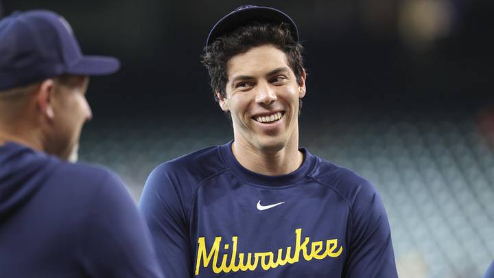 May 29, 2026; Houston, Texas, USA; Milwaukee Brewers designated hitter Christian Yelich (22) smiles on the field before the game against the Houston Astros at Daikin Park. Mandatory Credit: Troy Taormina-Imagn Images
