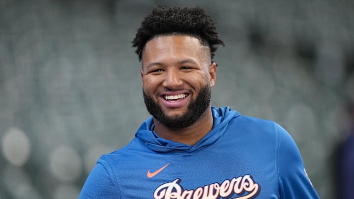 Apr 12, 2026; Milwaukee, Wisconsin, USA;  Milwaukee Brewers outfielder Jackson Chourio (11) looks on prior to the game against the Washington Nationals at American Family Field. Mandatory Credit: Jeff Hanisch-Imagn Images