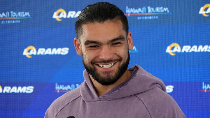Jun 3, 2025; Woodland Hills, CA, USA; Los Angeles Rams receiver Puka Nacua at press conference during organized team activities at Rams Practice Facility. Mandatory Credit: Kirby Lee-Imagn Images