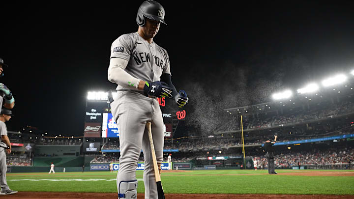 Aug 26, 2024; Washington, District of Columbia, USA; New York Yankees right fielder Juan Soto (22) prepares for an at bat against the Washington Nationals during the ninth inning at Nationals Park. Mandatory Credit: Rafael Suanes-USA TODAY Sports