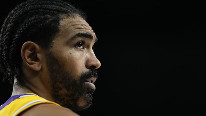 Lakers guard Gabe Vincent (7) looks outward during the second half against the Dallas Mavericks at T-Mobile Arena. 