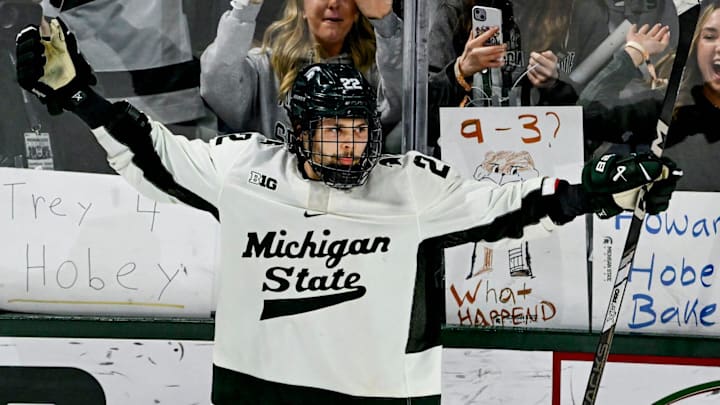 Michigan State's Isaac Howard celebrates after his goal to win a shootout against Minnesota on Saturday, Jan. 25, 2025, at Munn Arena in East Lansing.