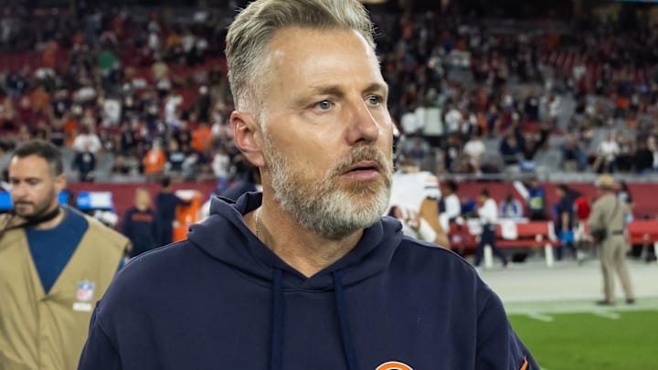 Nov 3, 2024; Glendale, Arizona, USA; Chicago Bears head coach head coach Matt Eberflus against the Arizona Cardinals at State Farm Stadium. Mandatory Credit: Mark J. Rebilas-Imagn Images