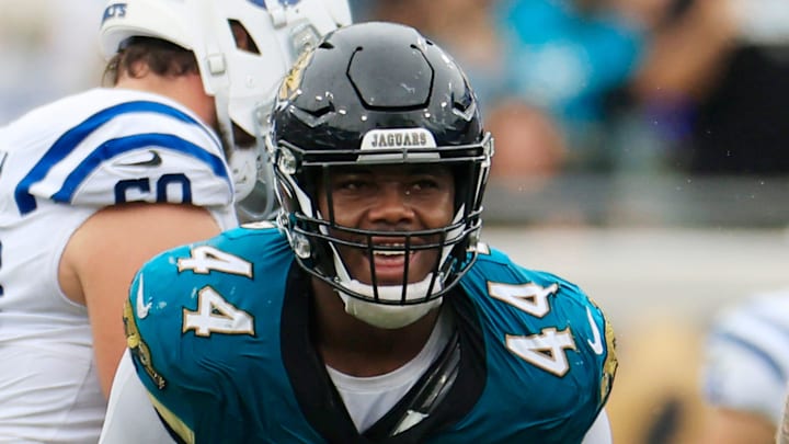 Jacksonville Jaguars defensive end Travon Walker (44) reacts to his sack on Indianapolis Colts quarterback Joe Flacco (15) during the fourth quarter of an NFL football matchup Sunday, Oct. 6, 2024 at EverBank Stadium in Jacksonville, Fla. The Jaguars edged the Colts on a field goal 37-34. [Corey Perrine/Florida Times-Union]