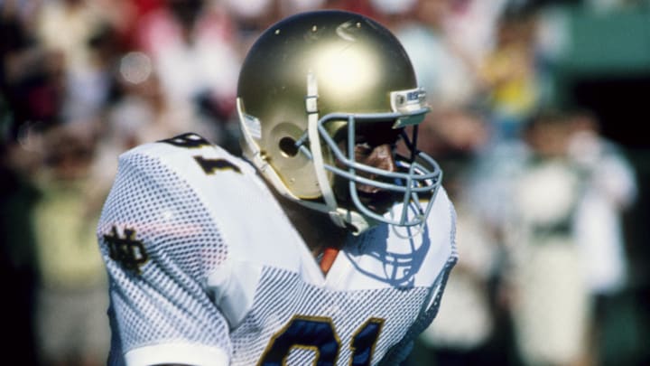 Oct 4, 1986; Brimingham, AL, USA; FILE PHOTO; Notre Dame Irish receiver Tim Brown (81) in action against the Alabama Crimson Tide at Legion Field.