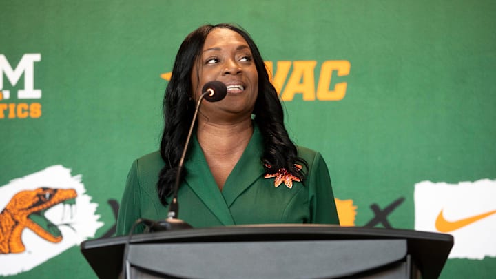 Florida A&M's new Vice President and Director of Athletics Angela Suggs speaks at an introductory press conference Monday, Sept. 23, 2024