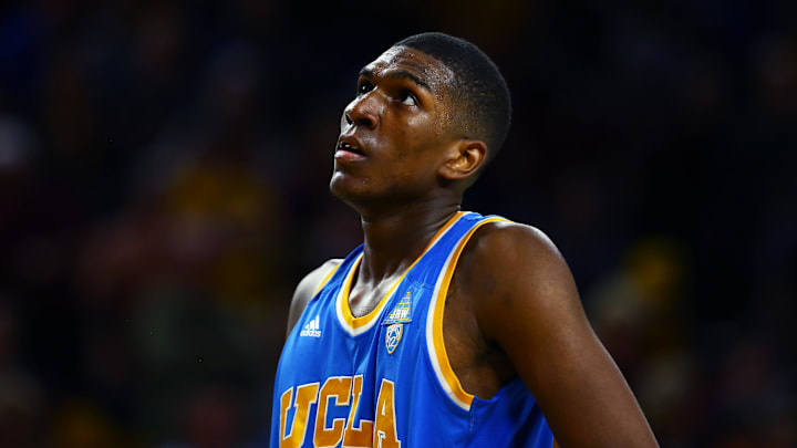 Feb 18, 2015; Tempe, AZ, USA; UCLA Bruins forward Kevon Looney (5) reacts against the Arizona State Sun Devils at Wells-Fargo Arena. The Sun Devils defeated the Bruins 68-66. Mandatory Credit: Mark J. Rebilas-Imagn Images