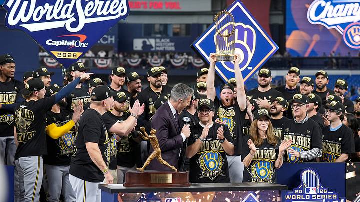 Milwaukee Brewers celebrate with the Commissioner's Trophy during the Awards Ceremony after defeating the Tampa Bay Rays to win the 2026 World Series at Tropicana Field in St. Petersburg, Fla. on Oct 28, 2026. Milwaukee Brewers celebrate with the Commissioner's Trophy during the Awards Ceremony after defeating the Tampa Bay Rays to win the 2026 World Series at Tropicana Field in St. Petersburg, Fla. on Oct 28, 2026.