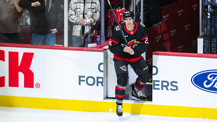 Mar 10, 2025; Ottawa, Ontario, CAN; Ottawa Senators center Dylan Cozens (24) is named the second star after scoring his first goal as a Senators in their game against the Detroit Red Wings at the Canadian Tire Centre. Mandatory Credit: Marc DesRosiers-Imagn Images