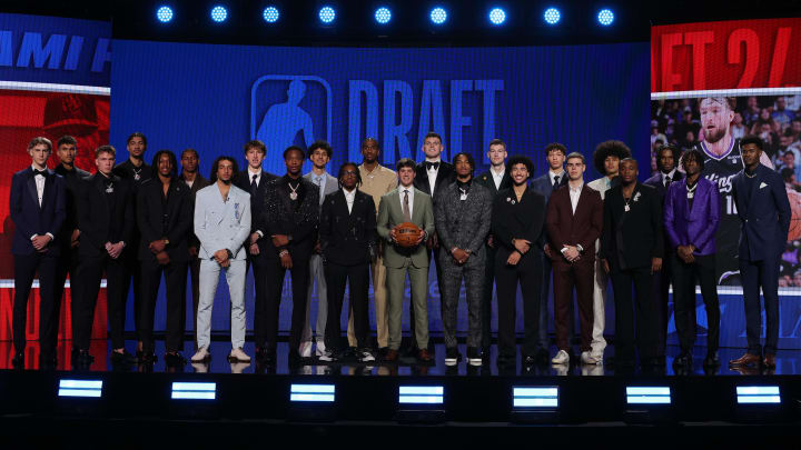 Jun 26, 2024; Brooklyn, NY, USA; The 2024 NBA draft class poses for photos before the first round of the 2024 NBA Draft at Barclays Center. Mandatory Credit: Brad Penner-USA TODAY Sports