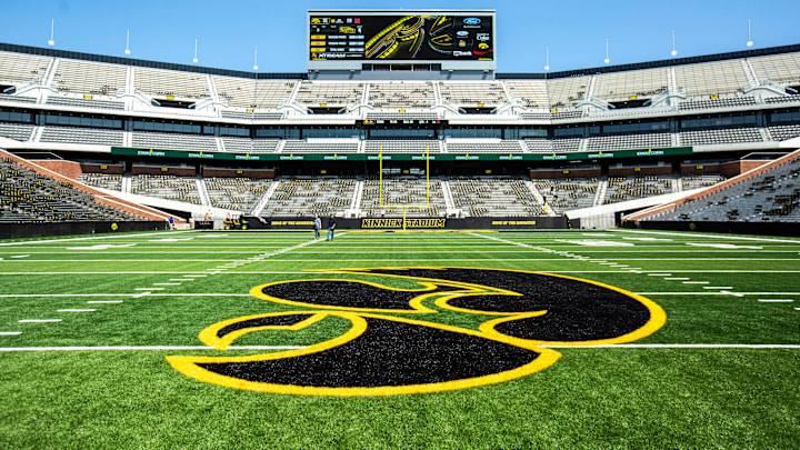 A Tigerhawk logo is pictured at the 50 yard line while construction continues during a media tour of the north end zone, Friday, Aug. 9, 2019, at Kinnick Stadium in Iowa City, Iowa.

190809 Kinnick Nez 053 Jpg