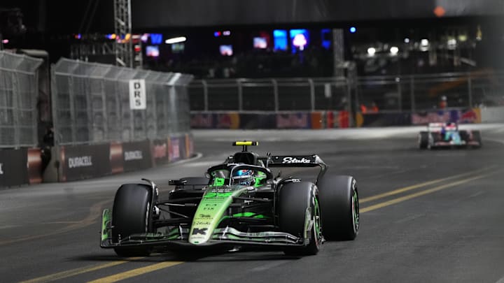 Nov 23, 2024; Las Vegas, Nevada, USA; Stake F1 Team Kick Sauber driver Zhou Guanyu of China (24) drives during the Las Vegas Grand Prix at the Las Vegas Circuit. Mandatory Credit: Lucas Peltier-Imagn Images