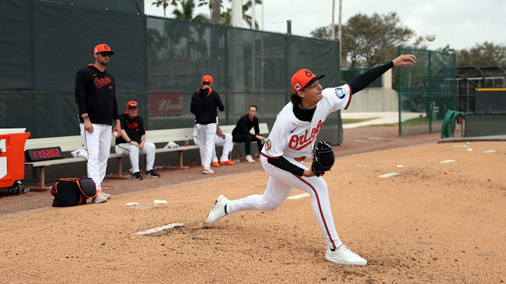 Feb 16, 2025; Sarasota, FL, USA;  Baltimore Orioles pitcher Cade Povich (37) throws a pitch at Ed Smith Stadium. 