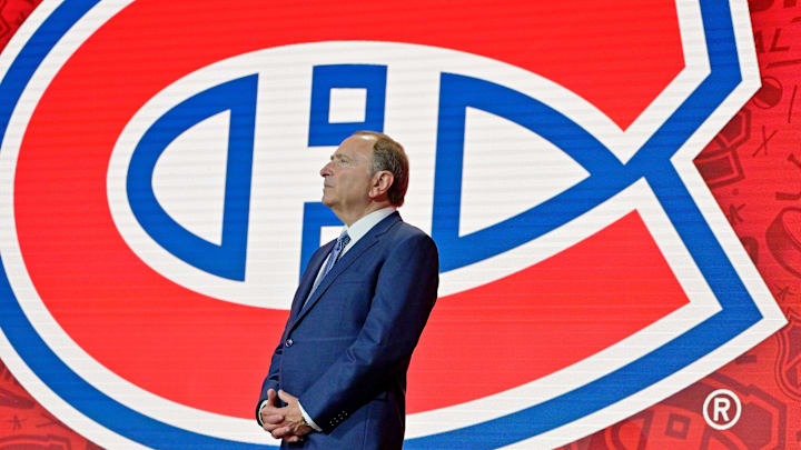 Jul 7, 2022; Montreal, Quebec, CANADA; NHL commissioner Gary Bettman looks on before Filip Mesar (not pictured) is selected as the number twenty-six overall pick to the Montreal Canadiens in the first round of the 2022 NHL Draft at Bell Centre. Mandatory Credit: Eric Bolte-Imagn Images Jul 7, 2022; Montreal, Quebec, CANADA; NHL commissioner Gary Bettman looks on before Filip Mesar (not pictured) is selected as the number twenty-six overall pick to the Montreal Canadiens in the first round of the 2022 NHL Draft at Bell Centre. Mandatory Credit: Eric Bolte-Imagn Images