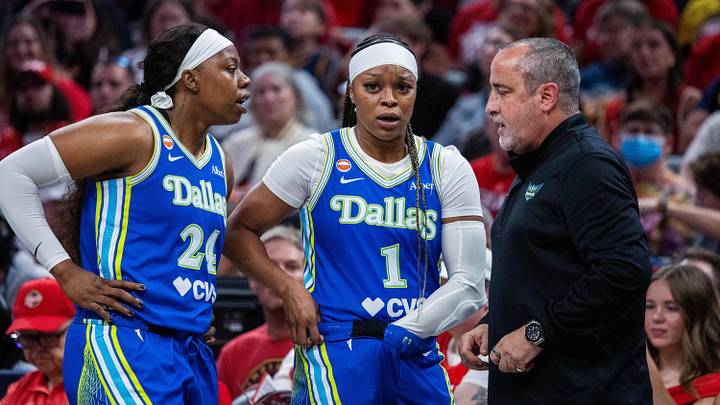 May 9, 2026; Indianapolis, Indiana, USA; Dallas Wings guard Arike Ogunbowale (24) and guard Odyssey Sims (1) talk with head coach Jose Fernandez in the second half against the Indiana Fever at Gainbridge Fieldhouse. Mandatory Credit: Trevor Ruszkowski-Imagn Images May 9, 2026; Indianapolis, Indiana, USA; Dallas Wings guard Arike Ogunbowale (24) and guard Odyssey Sims (1) talk with head coach Jose Fernandez in the second half against the Indiana Fever at Gainbridge Fieldhouse. Mandatory Credit: Trevor Ruszkowski-Imagn Images