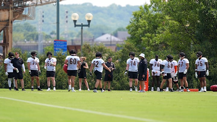 Jul 26, 2024; Cincinnati, OH, USA;  The Cincinnati Bengals offensive line participates in drills during training camp practice at Kettering Health Practice Fields. Mandatory Credit: Kareem Elgazzar-Imagn Images