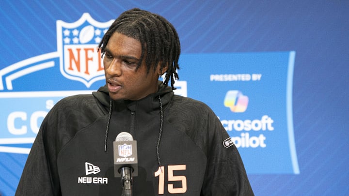 Feb 28, 2025; Indianapolis, IN, USA;Miami quarterback Cam Ward (QB15) talks to the press during the 2025 NFL Combine at Indiana Convention Center. Mandatory Credit: Stephanie Amador Blondet-Imagn Images