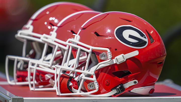 Apr 12, 2025; Athens, GA, USA; Georgia Bulldogs helmets on the bench during the Georgia Spring game at Sanford Stadium. Mandatory Credit: Dale Zanine-Imagn Images