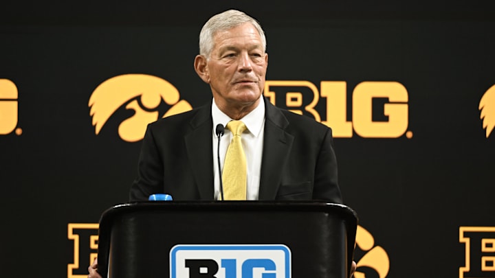 Jul 24, 2024; Indianapolis, IN, USA;  Iowa Hawkeyes head coach Kirk Ferentz speaks to the media during the Big 10 football media day at Lucas Oil Stadium. Mandatory Credit: Robert Goddin-USA TODAY Sports