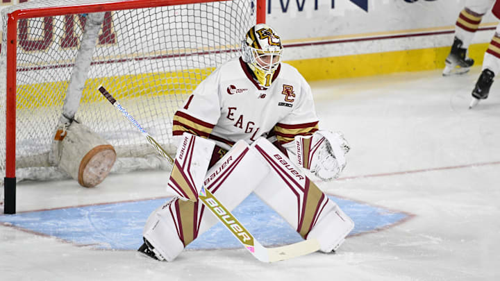 Feb 28, 2025; Chestnut Hill, MA, USA; Boston College goaltender Jacob Fowler (1) warms up before a game against the University of New Hampshire Wildcats at Conte Forum. Mandatory Credit: Eric Canha-Imagn Images