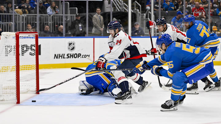 Nov 9, 2024; St. Louis, Missouri, USA;  Washington Capitals center Connor McMichael (24) shoots and scores against St. Louis Blues goaltender Jordan Binnington (50) during the third period at Enterprise Center. Mandatory Credit: Jeff Curry-Imagn Images
