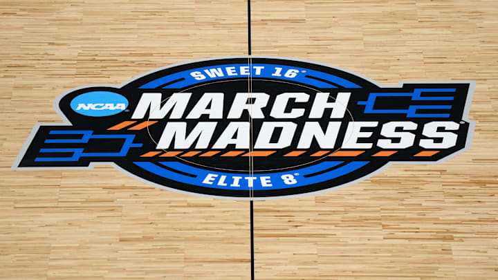 Mar 27, 2023; Seattle, WA, USA; A detailed view of the March Madness center court logo during the