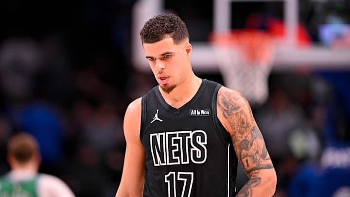 Jan 12, 2026; Dallas, Texas, USA; Brooklyn Nets forward Michael Porter Jr. (17) walks back up the court at the end of the game against the Dallas Mavericks at the American Airlines Center. 
