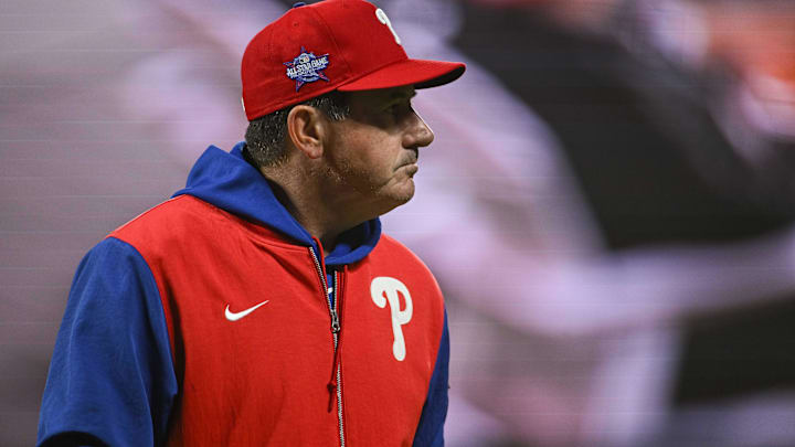 Apr 7, 2026; San Francisco, California, USA; Philadelphia Phillies manager Rob Thomson (49) walks off the mound during the fifth inning of the game against the San Francisco Giants at Oracle Park.