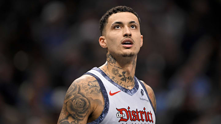Jan 27, 2025; Dallas, Texas, USA; Washington Wizards forward Kyle Kuzma (33) looks on during the first quarter against the Dallas Mavericks at the American Airlines Center. Mandatory Credit: Jerome Miron-Imagn Images