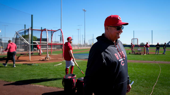 Cincinnati Reds manager Terry Francona (77) wraps up at a batting practice session at the Cincinnati Reds player development complex in Goodyear, Ariz., on Saturday, Feb. 14, 2026.