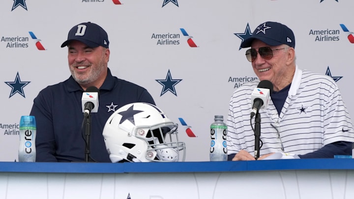 Jul 26, 2022; Oxnard, CA, USA; Dallas Cowboys coach Mike McCarthy (left) and owner Jerry Jones at