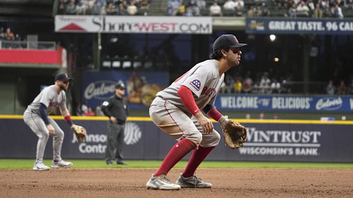 May 27, 2025; Milwaukee, Wisconsin, USA; Boston Red Sox shortstop Marcelo Mayer (39), right and Boston Red Sox shortstop Trevor Story (10) prepare for a hit against the Milwaukee Brewers in the seventh inning at American Family Field. Mandatory Credit: Michael McLoone-Imagn Images May 27, 2025; Milwaukee, Wisconsin, USA; Boston Red Sox shortstop Marcelo Mayer (39), right and Boston Red Sox shortstop Trevor Story (10) prepare for a hit against the Milwaukee Brewers in the seventh inning at American Family Field. Mandatory Credit: Michael McLoone-Imagn Images