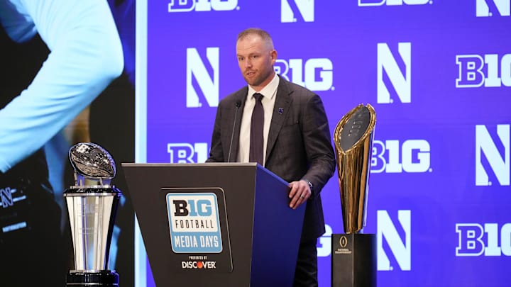 Jul 23, 2025; Las Vegas, NV, USA; Northwestern head coach David Braun speaks to the media during the Big Ten NCAA college football media days at Mandalay Bay Resort. Mandatory Credit: Lucas Peltier-Imagn Images Jul 23, 2025; Las Vegas, NV, USA; Northwestern head coach David Braun speaks to the media during the Big Ten NCAA college football media days at Mandalay Bay Resort. Mandatory Credit: Lucas Peltier-Imagn Images