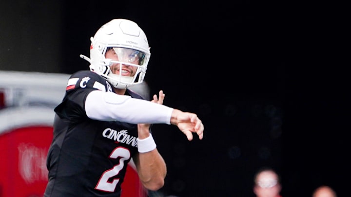 Cincinnati Bearcats quarterback Brendan Sorsby (2) throws a pass in the first quarter of a NCAA men’s college football game between the Cincinnati Bearcats and Northwestern State Demons, Saturday, Sept. 13, 2025, at Nippert Stadium in Cincinnati. Bearcats are up 56-0 by halftime. Cincinnati Bearcats quarterback Brendan Sorsby (2) throws a pass in the first quarter of a NCAA men’s college football game between the Cincinnati Bearcats and Northwestern State Demons, Saturday, Sept. 13, 2025, at Nippert Stadium in Cincinnati. Bearcats are up 56-0 by halftime.