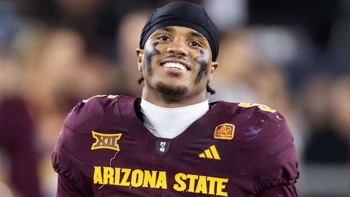 Nov 28, 2025; Tempe, Arizona, USA; Arizona State Sun Devils safety Kyndrich Breedlove (5) against the Arizona Wildcats during the 99th Territorial Cup at Mountain America Stadium. Mandatory Credit: Mark J. Rebilas-Imagn Images