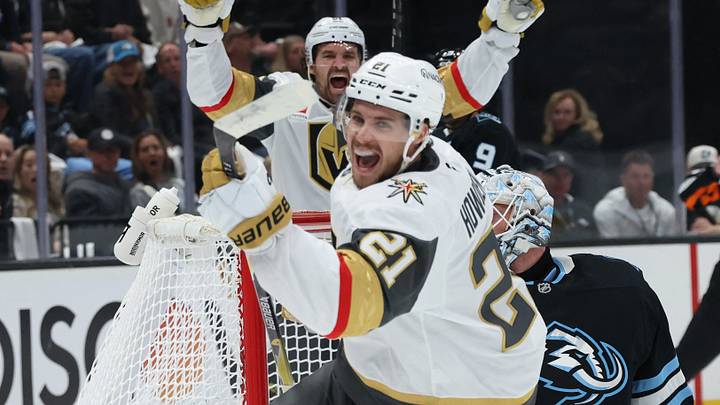 May 1, 2026; Salt Lake City, Utah, USA; Vegas Golden Knights center Brett Howden (21) celebrates scoring a goal against the Utah Mammoth during the first period in game six of the first round of the 2026 Stanley Cup Playoffs at Delta Center. Mandatory Credit: Rob Gray-Imagn Images