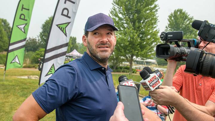 CBS sportscaster and former NFL quarterback Tony Romo chats with the media Tuesday, June 27, 2023 during the OSF Children's Hospital of Illinois Championship & Pro-Am at Metamora Fields Golf Club. CBS sportscaster and former NFL quarterback Tony Romo chats with the media Tuesday, June 27, 2023 during the OSF Children's Hospital of Illinois Championship & Pro-Am at Metamora Fields Golf Club.