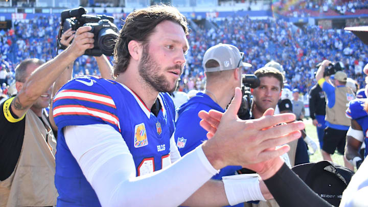 Buffalo Bills quarterback Josh Allen shakes hands following a win over the New Orleans Saints at Highmark Stadium. Buffalo Bills quarterback Josh Allen shakes hands following a win over the New Orleans Saints at Highmark Stadium.