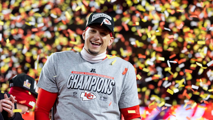 Jan 26, 2025; Kansas City, MO, USA; Confetti falls as Kansas City Chiefs quarterback Patrick Mahomes celebrates after defeating the Buffalo Bills during the AFC Championship game at GEHA Field at Arrowhead Stadium. Mandatory Credit: Mark J. Rebilas-Imagn Images Jan 26, 2025; Kansas City, MO, USA; Confetti falls as Kansas City Chiefs quarterback Patrick Mahomes celebrates after defeating the Buffalo Bills during the AFC Championship game at GEHA Field at Arrowhead Stadium. Mandatory Credit: Mark J. Rebilas-Imagn Images