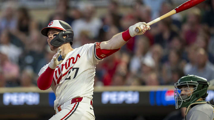 Minnesota Twins catcher Ryan Jeffers (27) hits a solo home run against the Athletics in the fifth inning at Target Field. Minnesota Twins catcher Ryan Jeffers (27) hits a solo home run against the Athletics in the fifth inning at Target Field.
