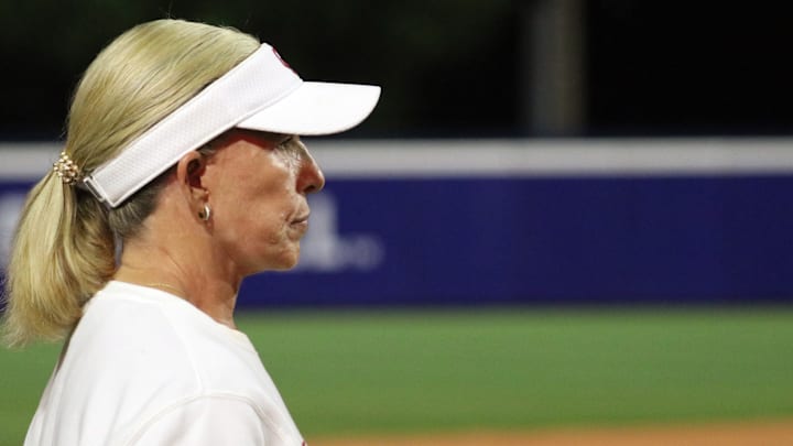 Oklahoma coach Patty Gasso looks on during a Bedlam contest against Oklahoma State at Devon Park. Oklahoma coach Patty Gasso looks on during a Bedlam contest against Oklahoma State at Devon Park.