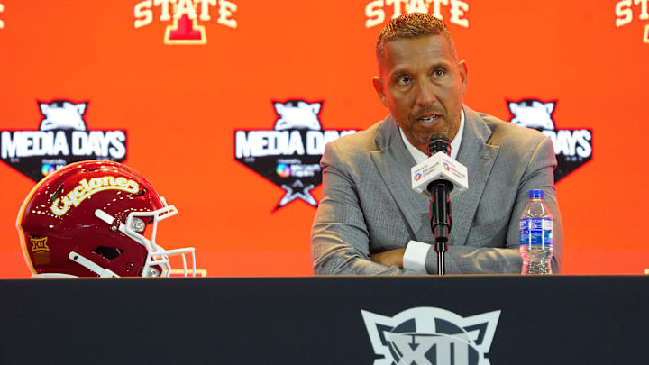 Jul 8, 2025; Frisco, TX, USA; Iowa State head coach Matt Campbell addresses the media during 2025 Big 12 Football Media Days at The Star. Mandatory Credit: Raymond Carlin III-Imagn Images