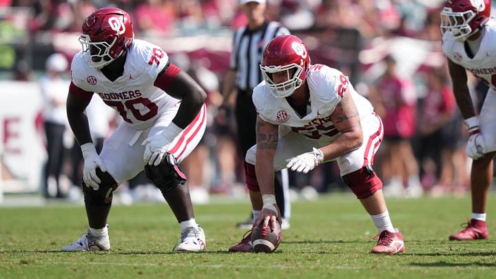 Oklahoma Sooners offensive lineman Jake Maikkula (69) readies to snap the ball against the Temple Owls in the second half at Lincoln Financial Field. Mandatory Credit: Kyle Ross-Imagn Images Oklahoma Sooners offensive lineman Jake Maikkula (69) readies to snap the ball against the Temple Owls in the second half at Lincoln Financial Field. Mandatory Credit: Kyle Ross-Imagn Images